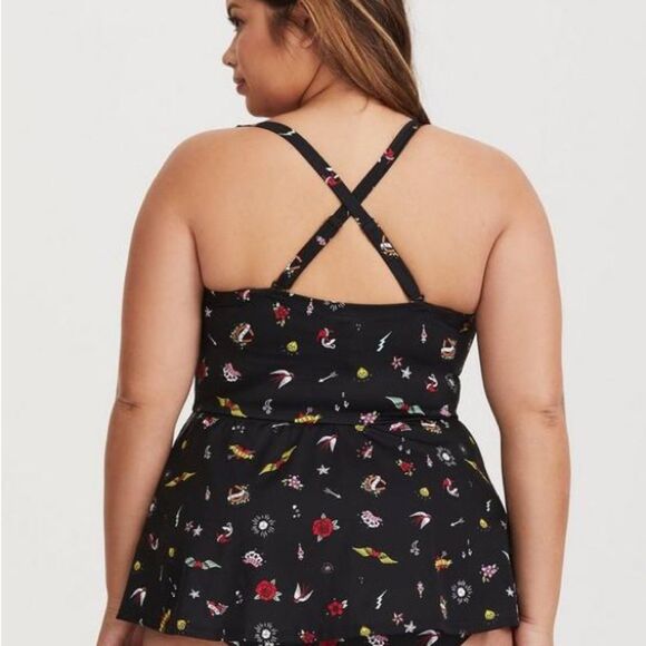 Torrid Underwire Push Up Peplum One Piece Swimsuit Size 1 1X Black Tattoo Dagger - Picture 3 of 9